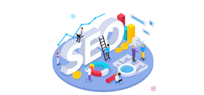 Ilustración isométrica de servicios SEO y posicionamiento web con equipo trabajando en optimización en Agencia marketing digital Barcelona