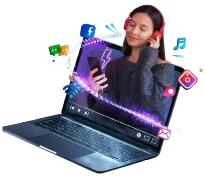 Mujer gestionando redes sociales y contenido multimedia desde portátil con iconos de Facebook, Instagram y música - Social Media Barcelona